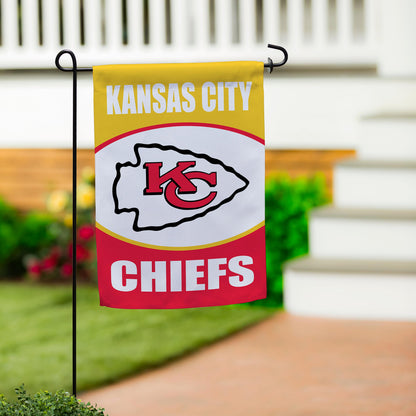 Kansas City Chiefs suede garden flag on metal stake with yellow top, white and red bottom on Tampa Home & Garden Store