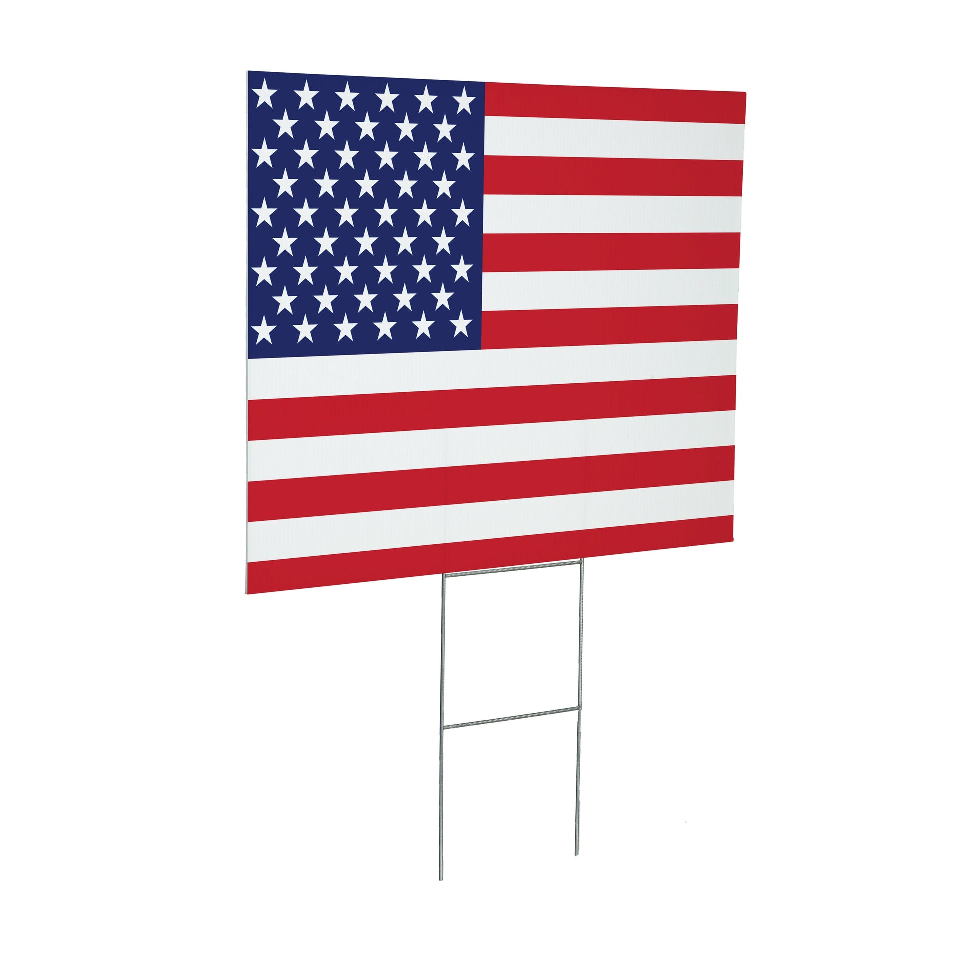 American flag yard sign panel on two metal stakes with blue canton and red/white stripes on Tampa Home & Garden Store