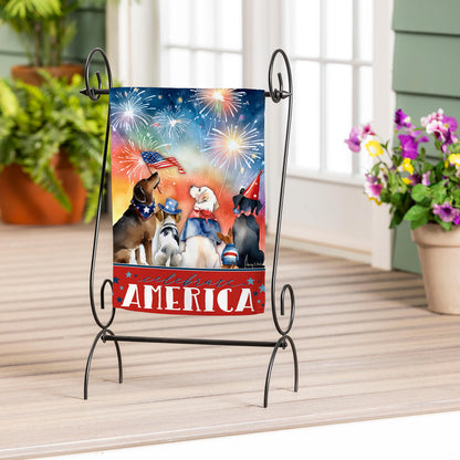 Patriotic Pups Suede Garden Flag featuring colorful dogs in patriotic outfits and fireworks on Tampa Home & Garden Store
