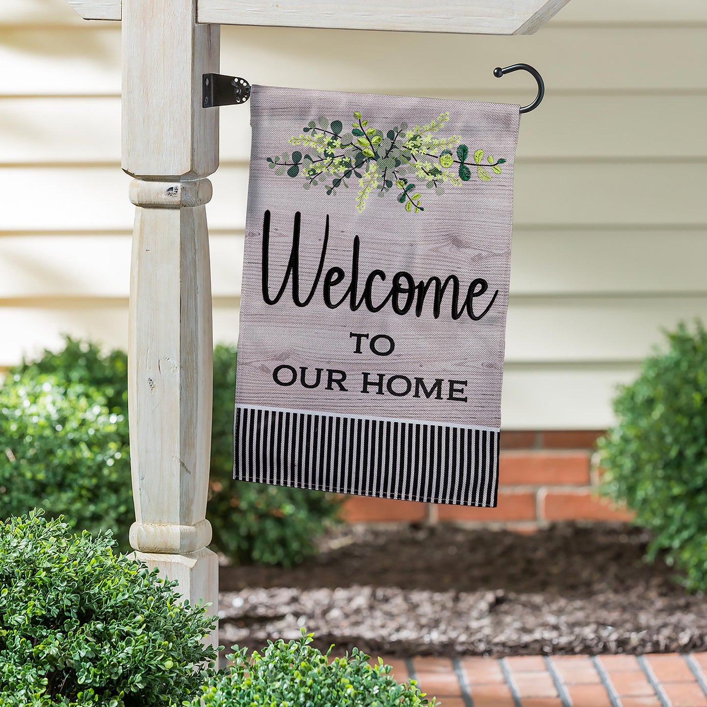 Wood Grain Welcome Garden Burlap Flag with greenery design by Evergreen Enterprises on Tampa Home & Garden Store
