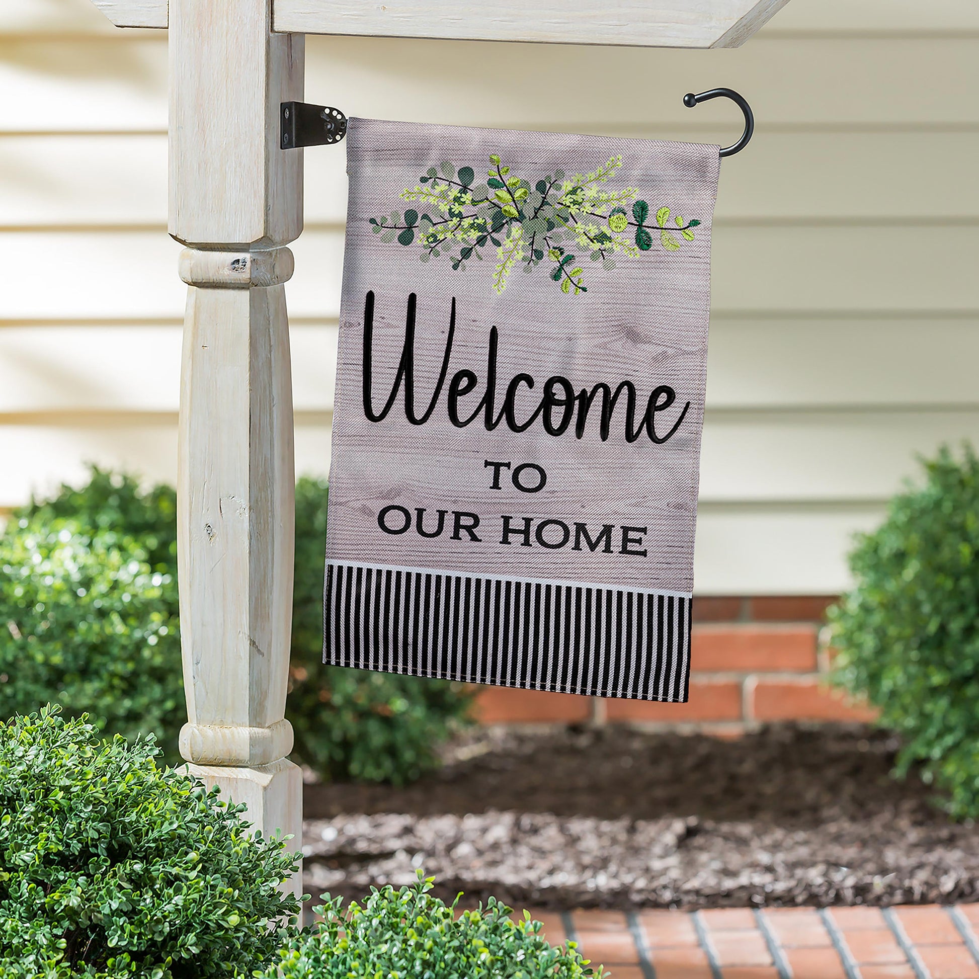 Wood Grain Welcome Garden Burlap Flag with greenery design by Evergreen Enterprises on Tampa Home & Garden Store