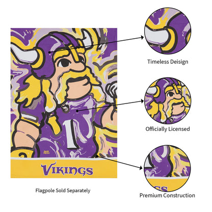 Suede Flags Minnesota Vikings with purple/gold Viking design by Evergreen Enterprises; 3 closeups on Tampa Home & Garden Store
