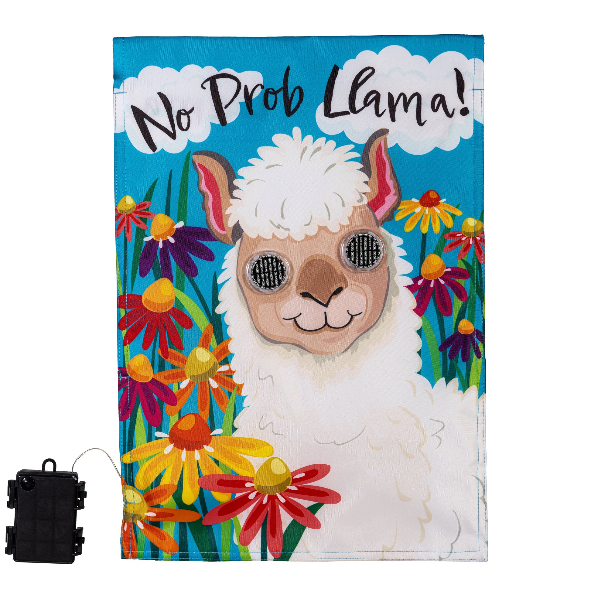 Animated No Prob Llama Applique Lighted Garden Flag with blue backdrop and llama motif on Tampa Home & Garden Store