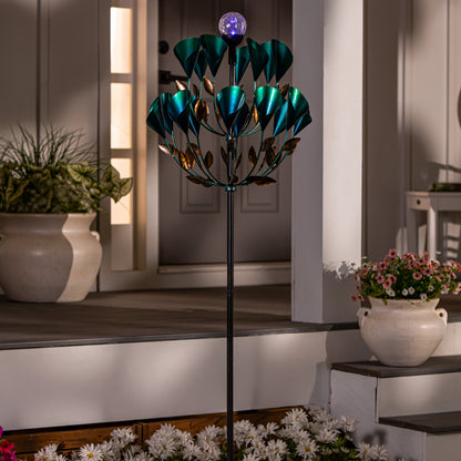 Solar metal wind spinner Calla Lily with teal blades, 74in tall by Evergreen on Tampa Home & Garden Store