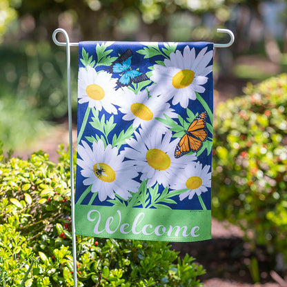 Daisy Garden Suede Flag blue floral panel with white daisies, green leaves and butterflies on Tampa Home & Garden Store