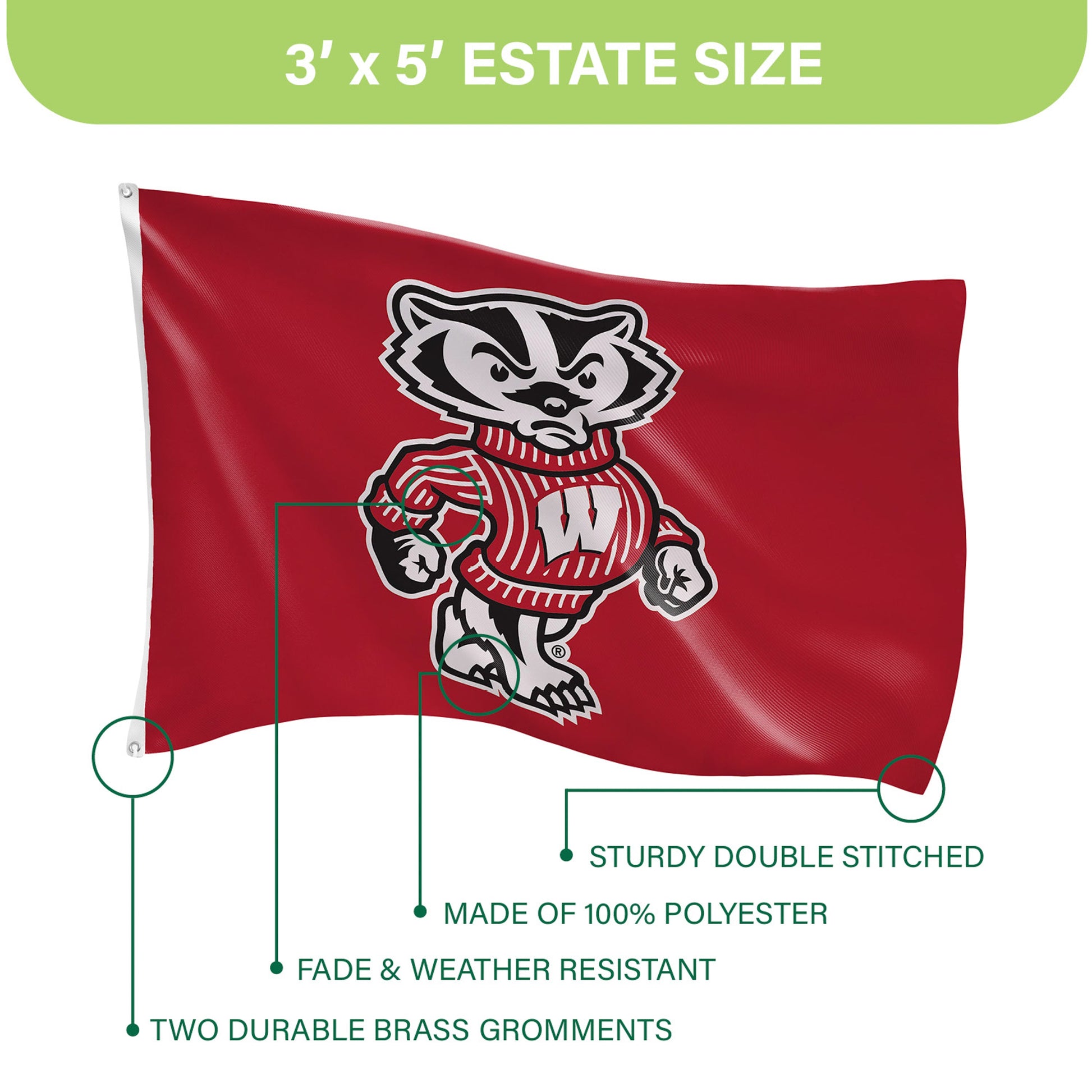 University of Wisconsin–Madison 3x5 single-sided flag with 2 grommets sublimated by Evergreen Enterprises on Tampa Home & Garden Store