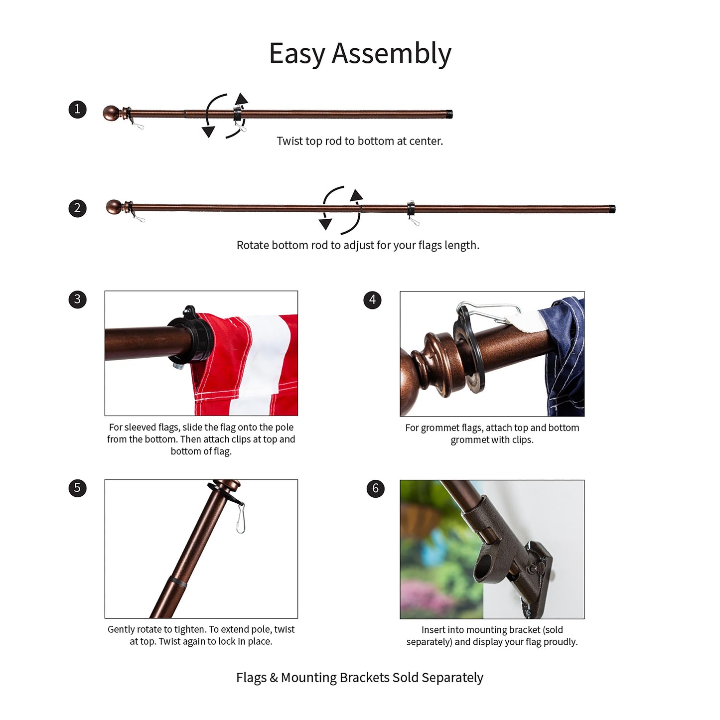 Extendable metal house flag pole with copper finish and ball top; step-by-step assembly on Tampa Home & Garden Store