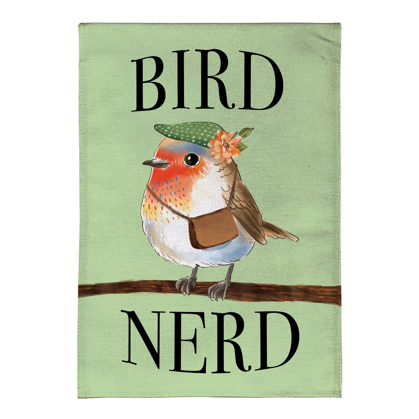 Burlap garden flag Cute Bird Nerd with a colorful bird illustration and bold NERD lettering on green burlap on Tampa Home & Garden Store