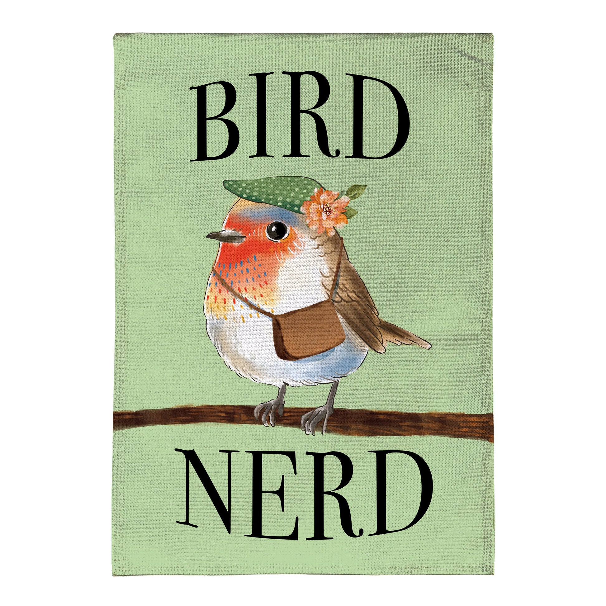 Burlap garden flag Cute Bird Nerd with a colorful bird illustration and bold NERD lettering on green burlap on Tampa Home & Garden Store