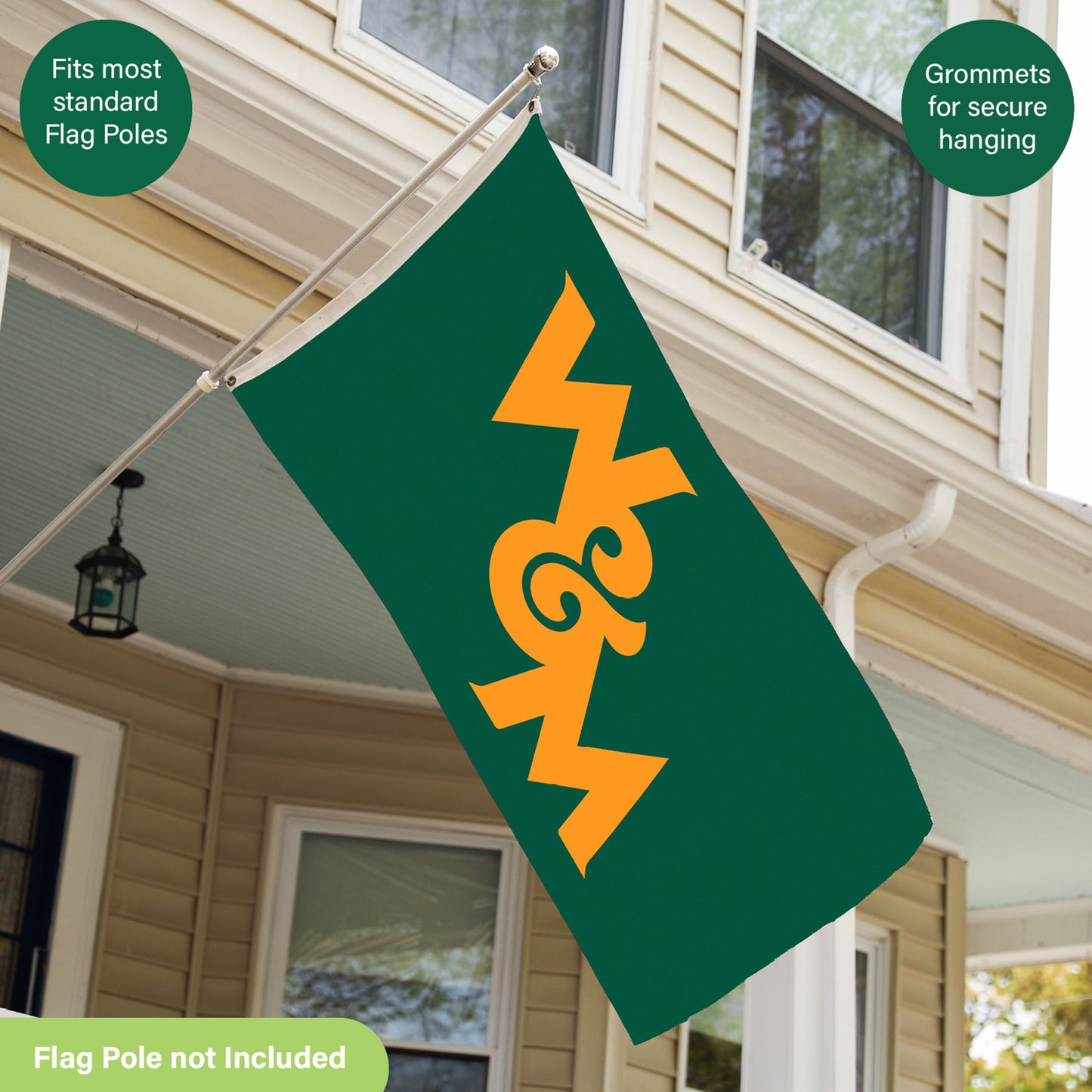 William & Mary flag, green with orange emblem, 3x5, 2 grommets for secure hanging on flag poles on Tampa Home & Garden Store