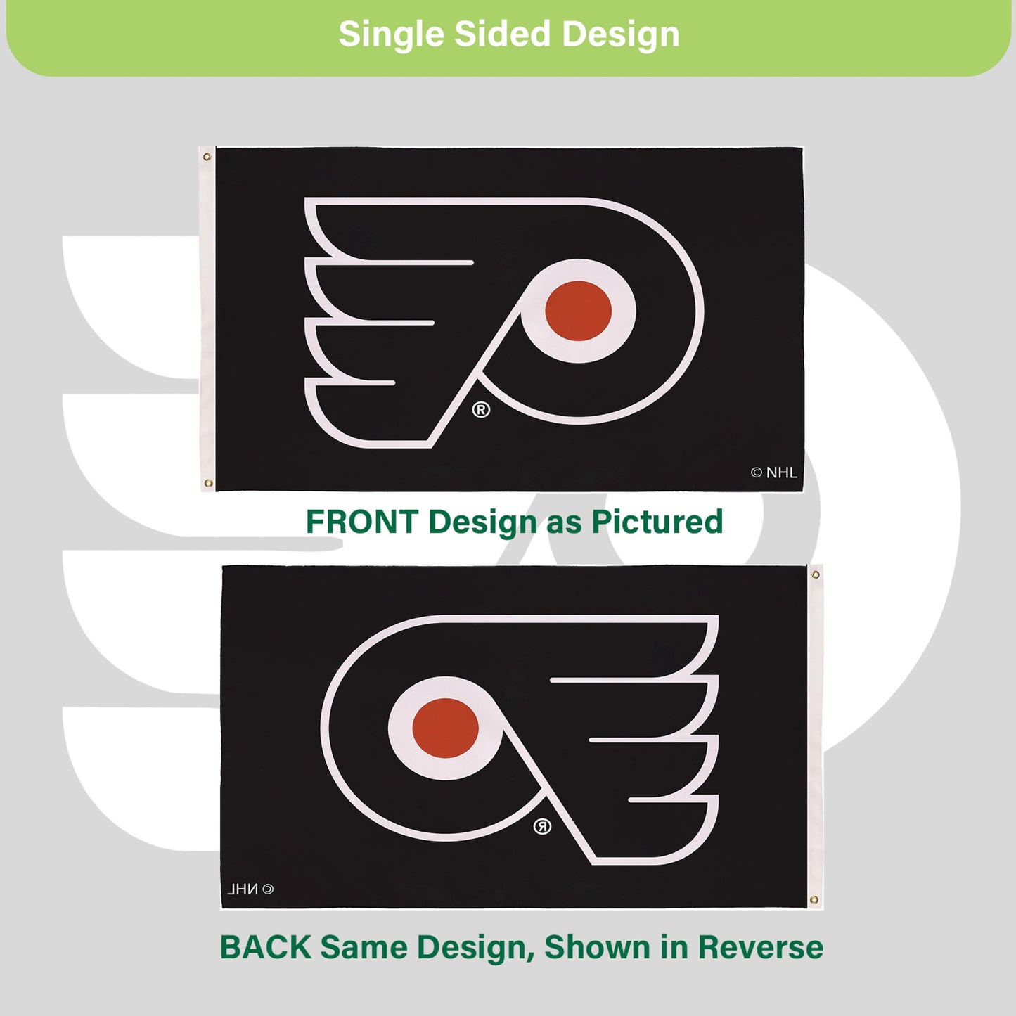 Philadelphia Flyers flag 3x5, single sided, black with white logo and orange dot, two grommets on Tampa Home & Garden Store