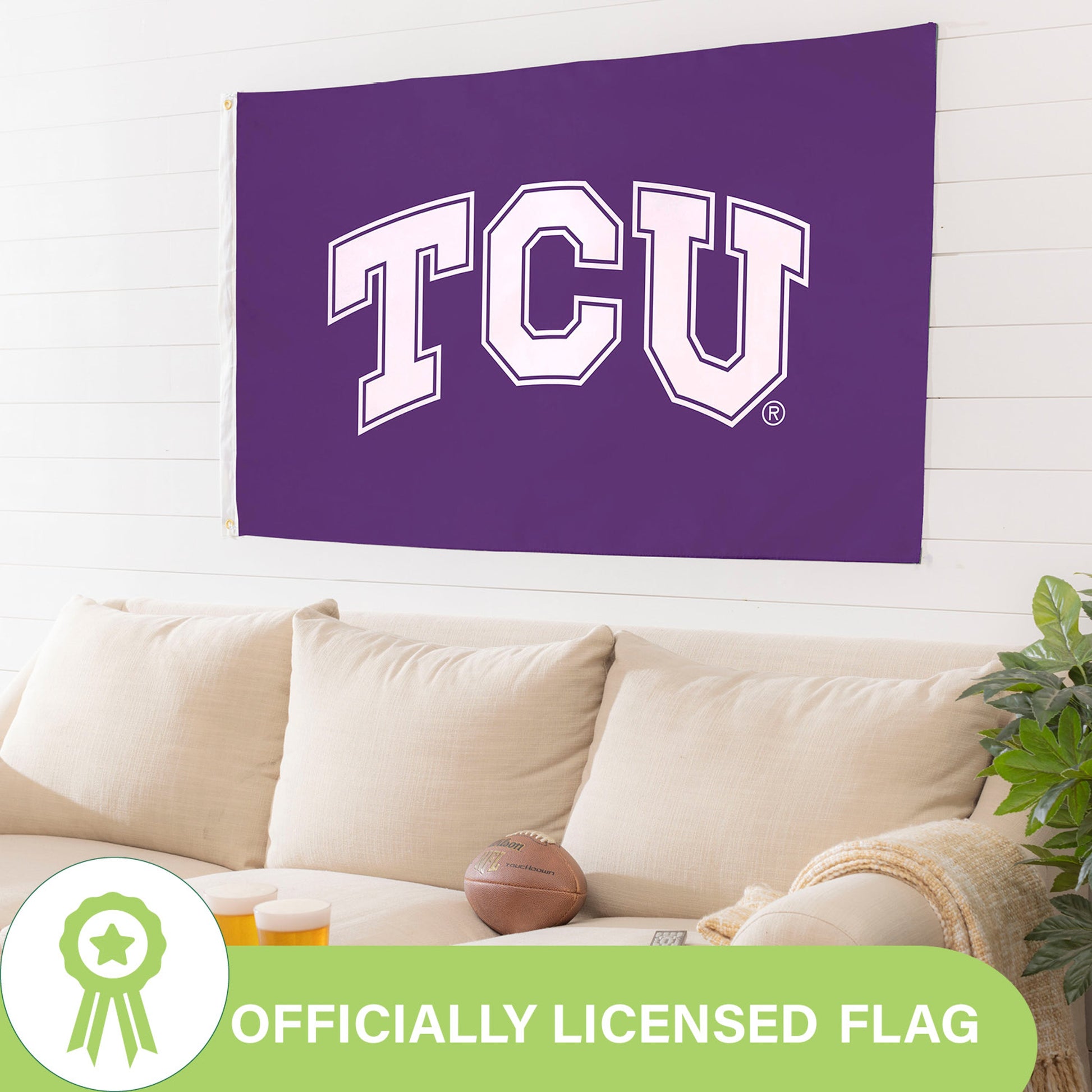Texas Christian University purple sublimated flag single-sided with 2 grommets on Tampa Home & Garden Store