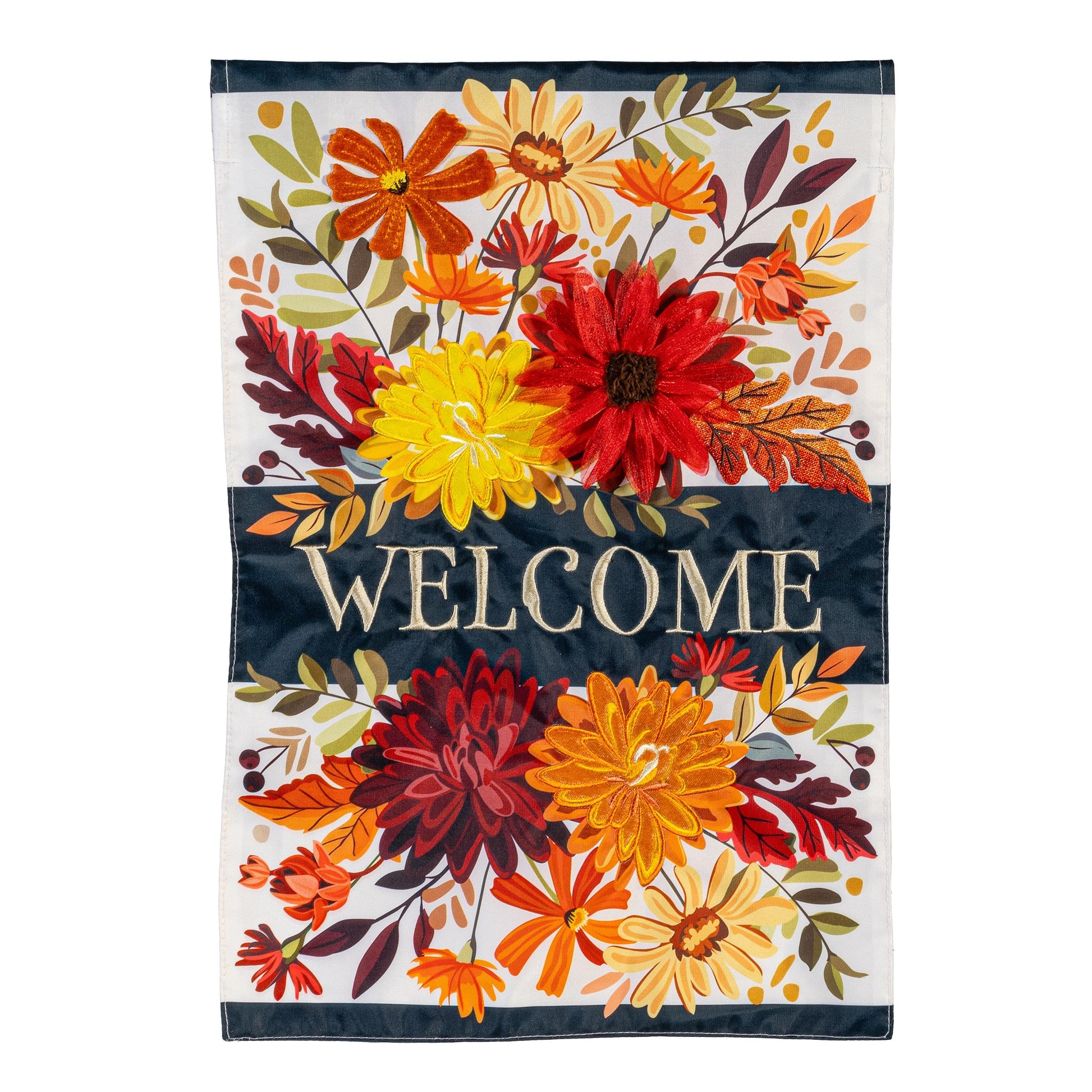Fall Floral Applique Garden Flag by Evergreen Enterprises with vivid autumn blooms on Tampa Home & Garden Store