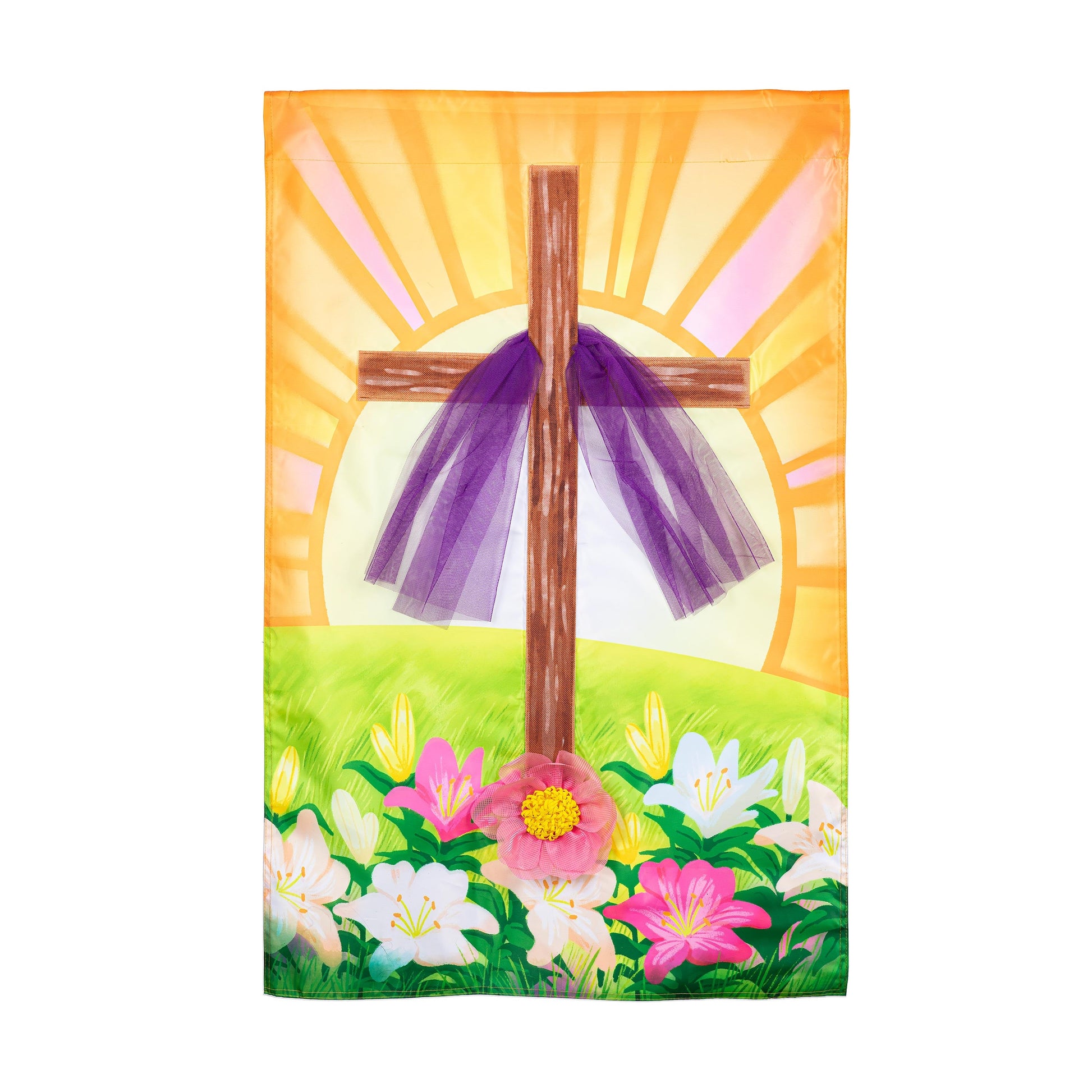 Easter cross with lilies applique house flag featuring purple bow and sunburst background on Tampa Home & Garden Store