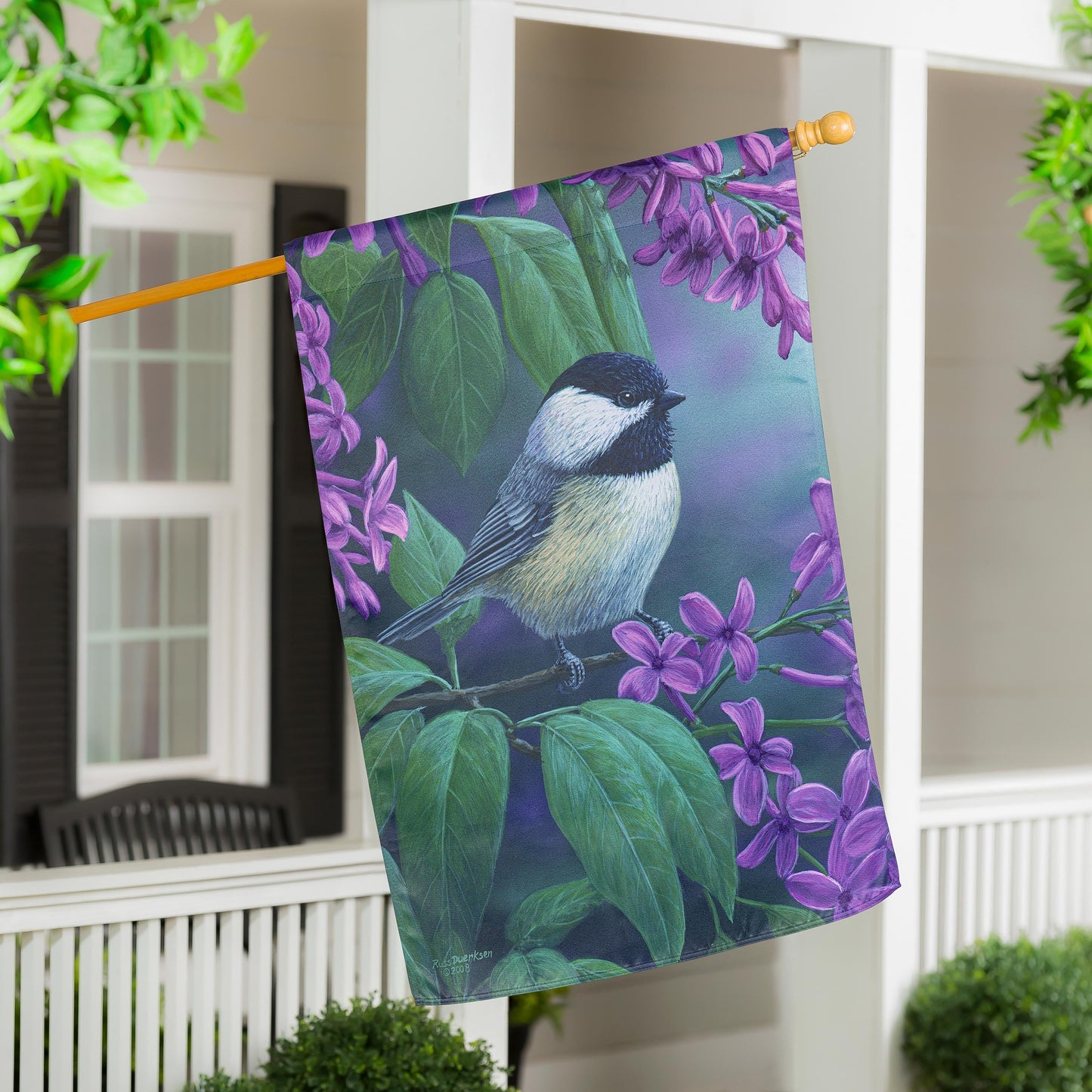 Chickadee on Lilac Suede House Flag featuring purple lilac blossoms and green leaves on Tampa Home & Garden Store
