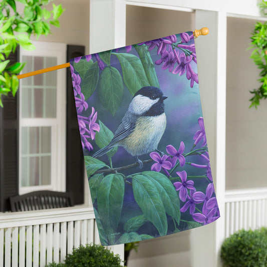 Chickadee on Lilac Suede House Flag featuring purple lilac blossoms and green leaves on Tampa Home & Garden Store