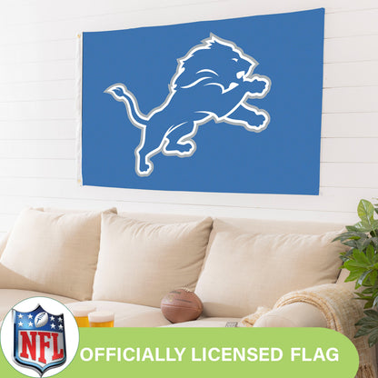 Detroit Lions flag 3x5 ft sublimated Lions blue with silver outline lion, 2 grommets on Tampa Home & Garden Store