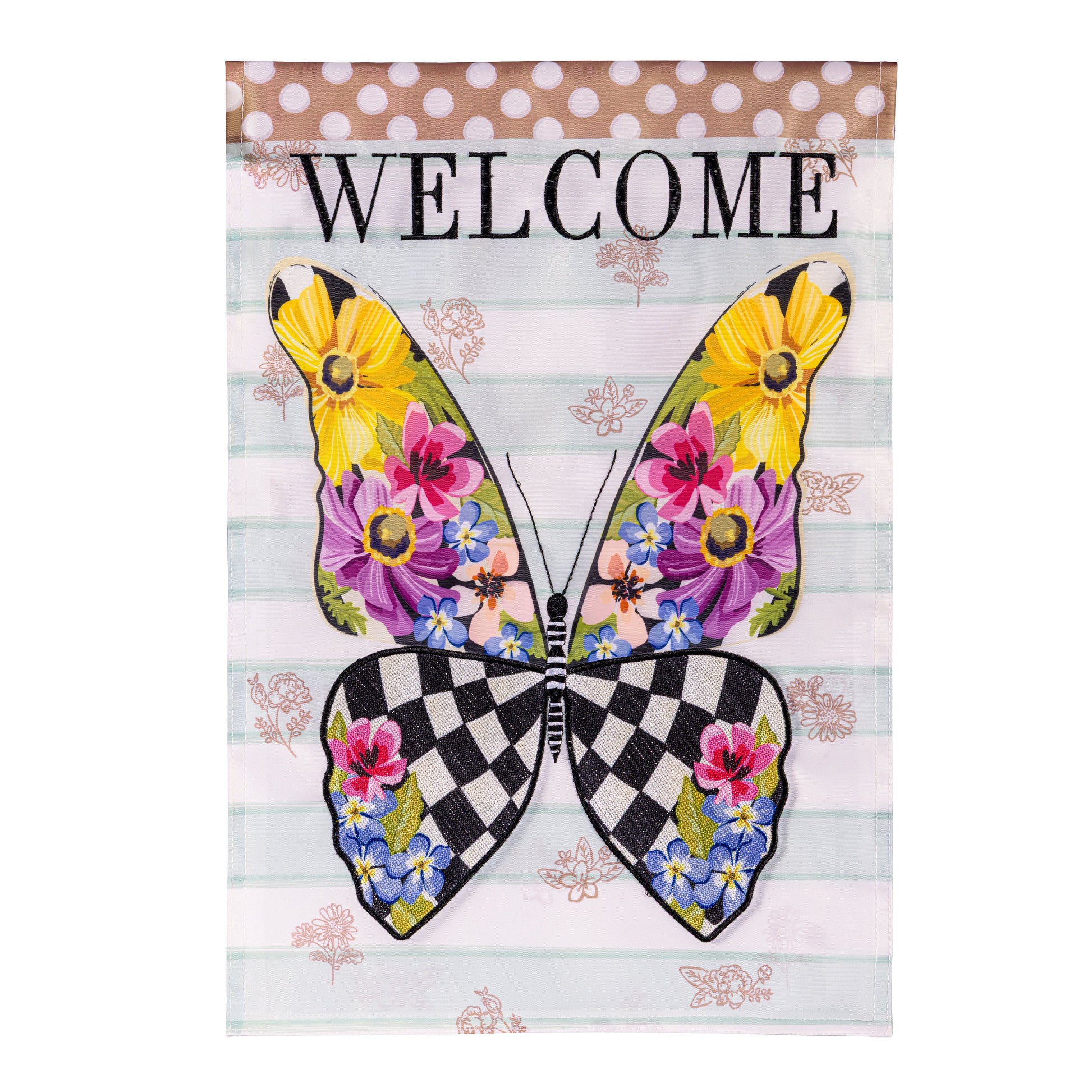 Courtly Check Butterfly Applique Flag by Evergreen Enterprises with butterfly on striped design on Tampa Home & Garden Store