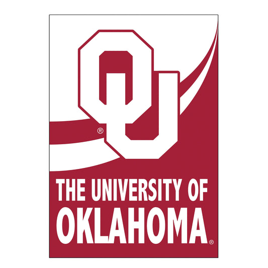 Burlap flag University of Oklahoma with large white OU on maroon background, house-size on Tampa Home & Garden Store