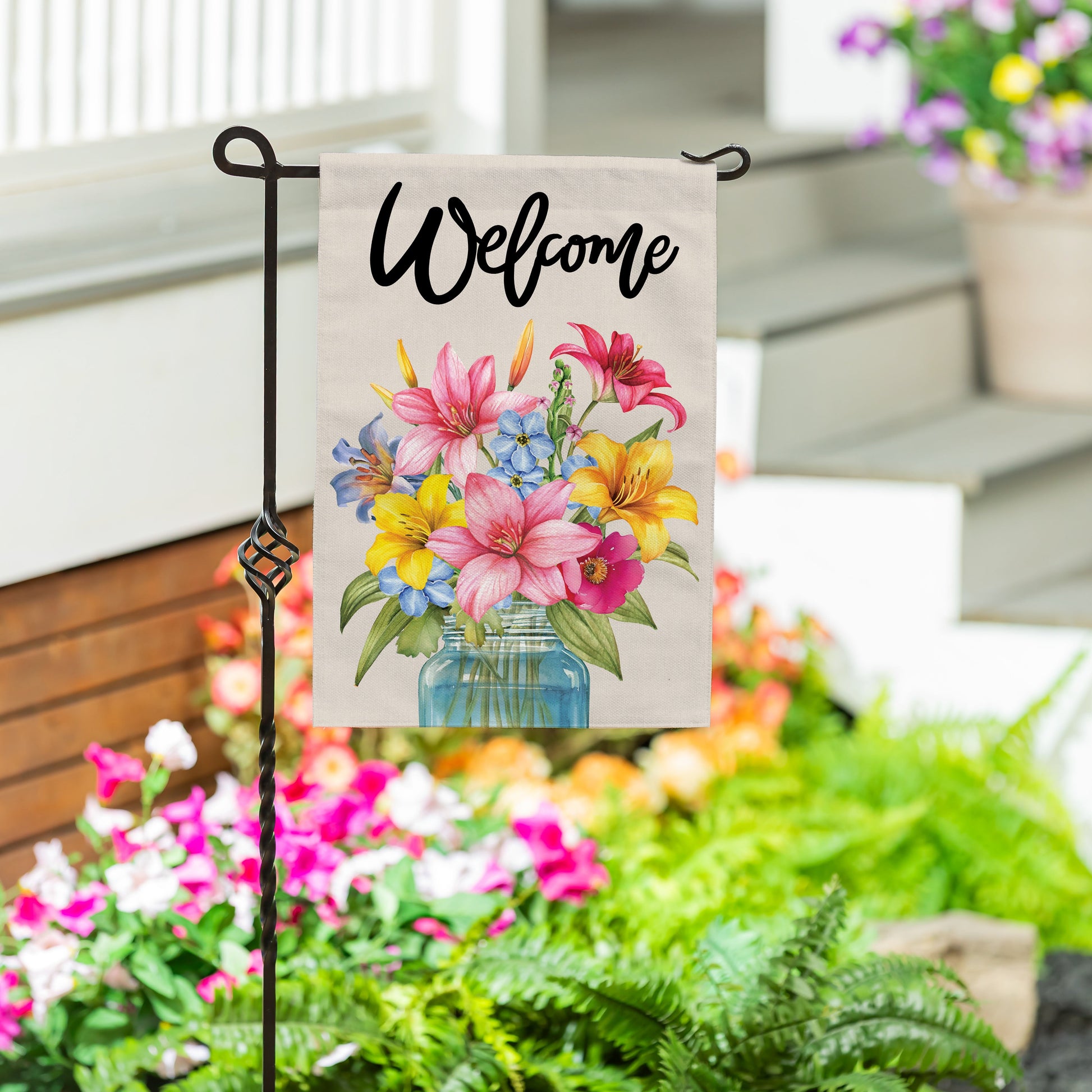 Floral Jar Welcome Burlap Garden Flag by Evergreen Enterprises with bouquet in blue vase on Tampa Home & Garden Store