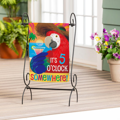 5 o'clock parrot burlap garden flag bright tropical colors on metal stand on Tampa Home & Garden Store