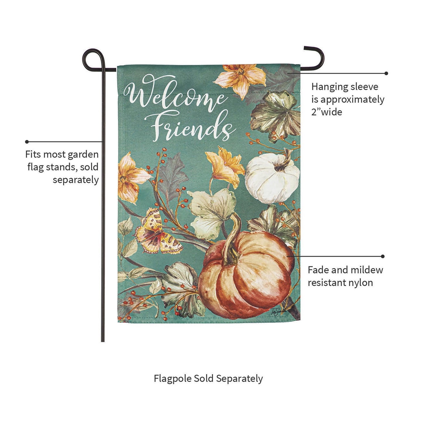 Autumn Vines Garden Suede Flag by Evergreen Enterprises teal floral pumpkin motif on Tampa Home & Garden Store