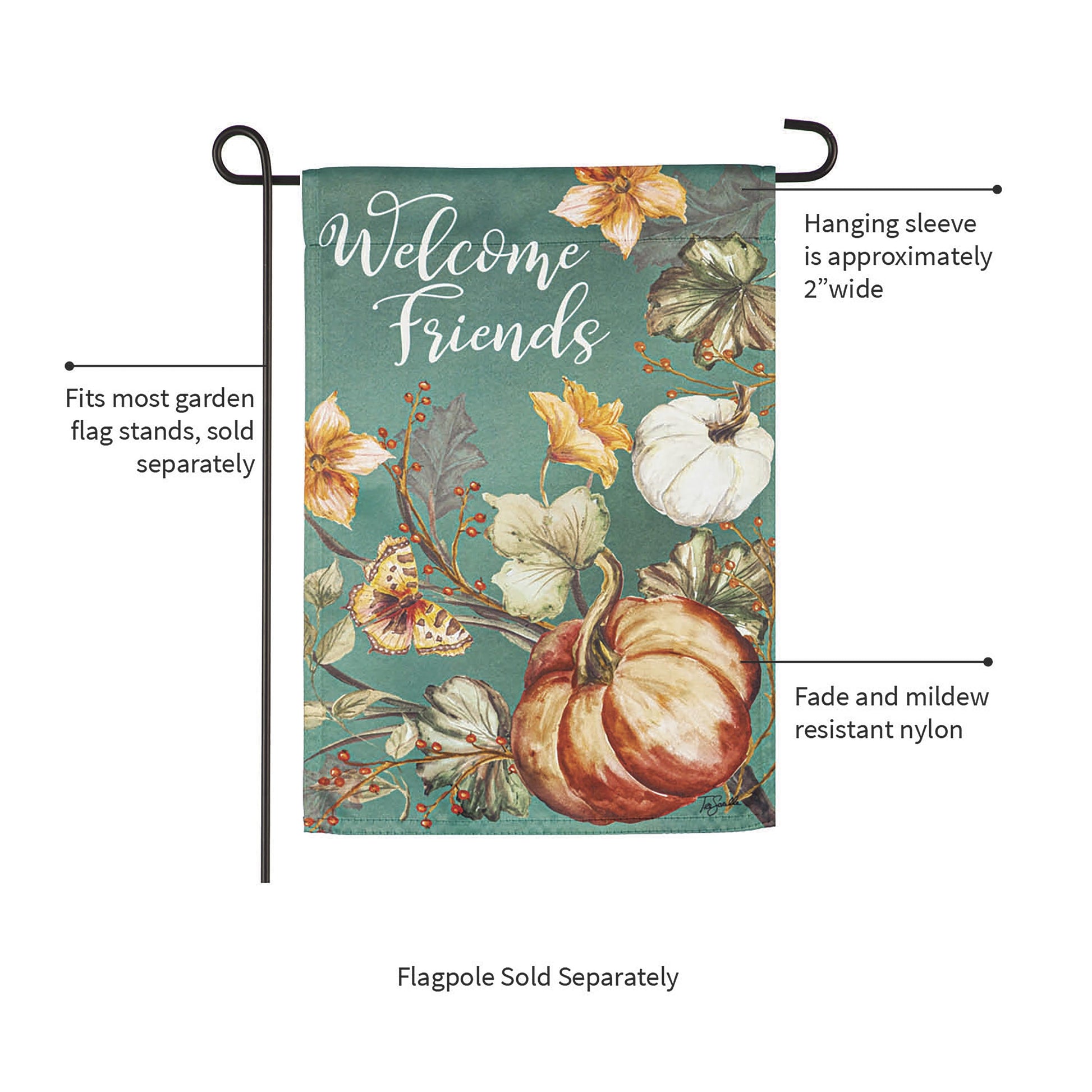 Autumn Vines Garden Suede Flag by Evergreen Enterprises teal floral pumpkin motif on Tampa Home & Garden Store