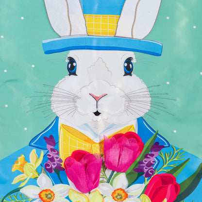 Mister Easter Bunny Applique House Flag by Evergreen Enterprises, white bunny with blue hat on Tampa Home & Garden Store