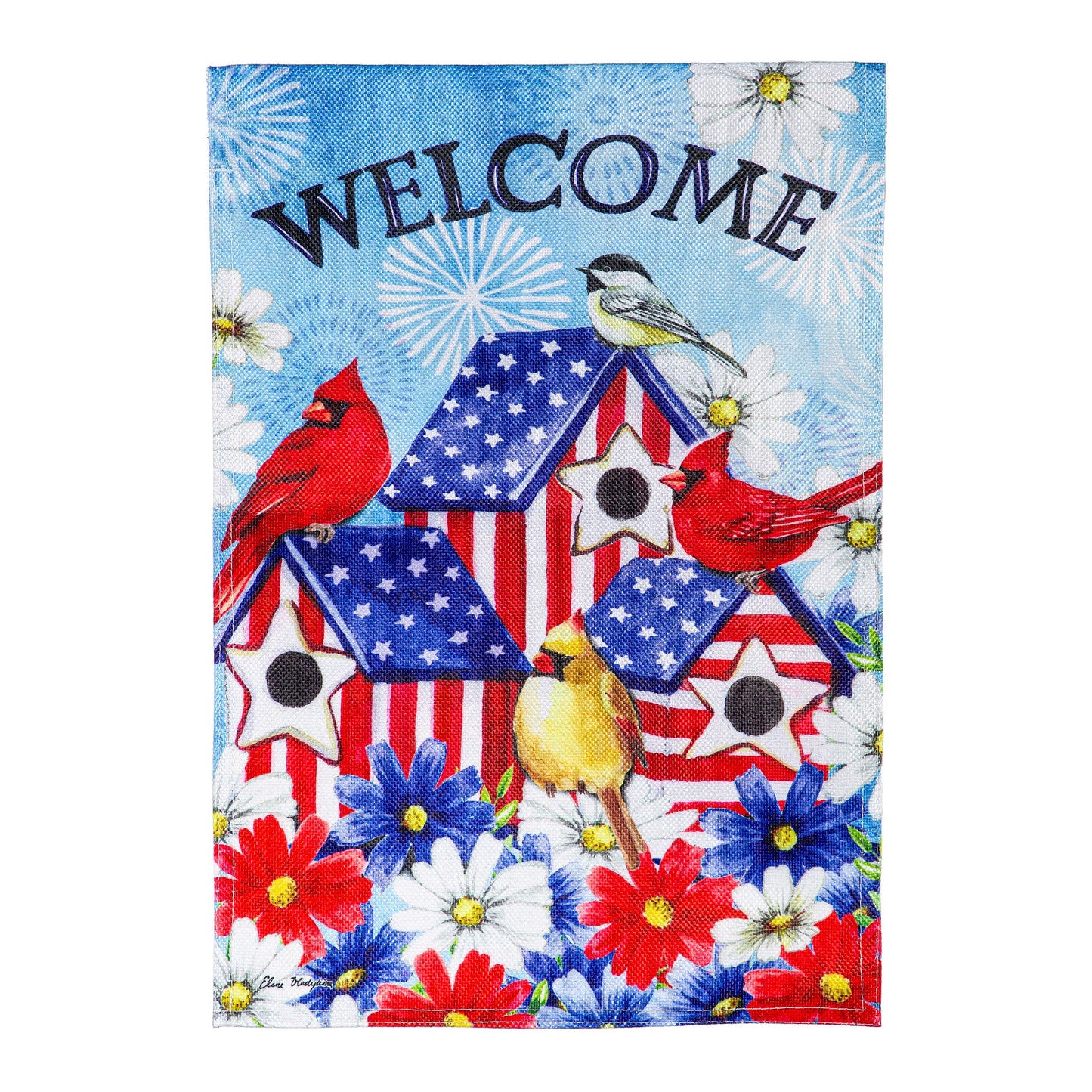 Patriotic burlap flag with welcome cardinal on a birdhouse by Evergreen Enterprises on Tampa Home & Garden Store