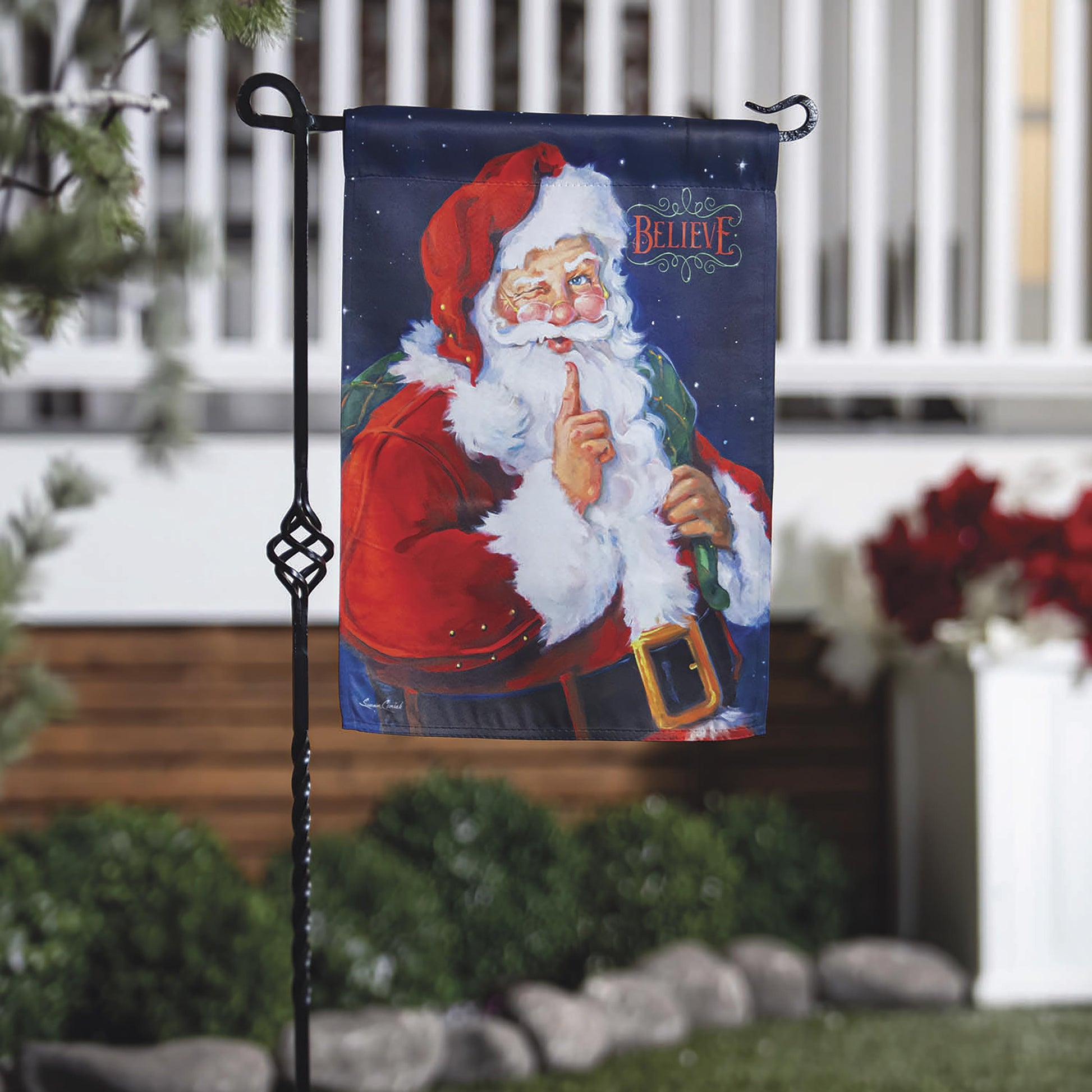 Believe Suede Garden Flag by Evergreen Enterprises with Santa on navy background on Tampa Home & Garden Store