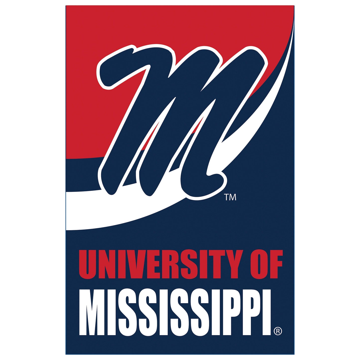 University of Mississippi burlap flag garden size with red top and navy blue field outline script on Tampa Home & Garden Store