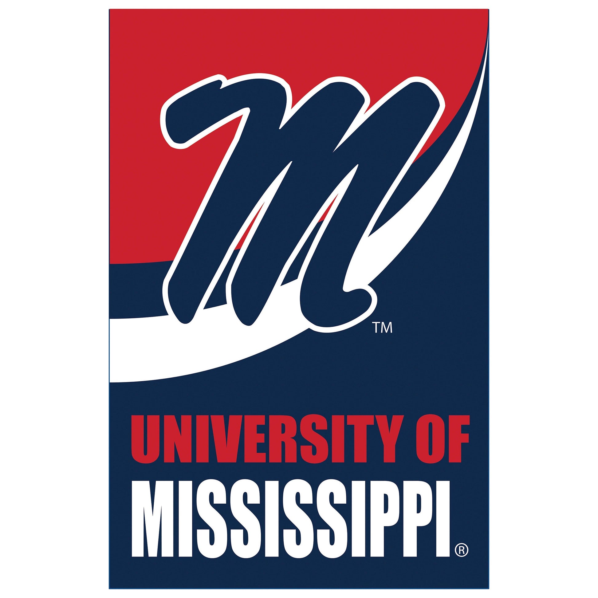 University of Mississippi burlap flag garden size with red top and navy blue field outline script on Tampa Home & Garden Store