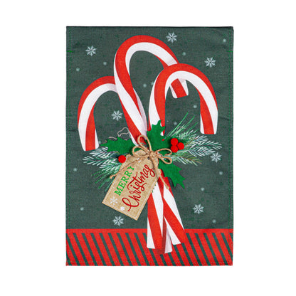 Candy Cane Burlap Garden Flag with red and white canes on green burlap Evergreen Enterprises on Tampa Home & Garden Store