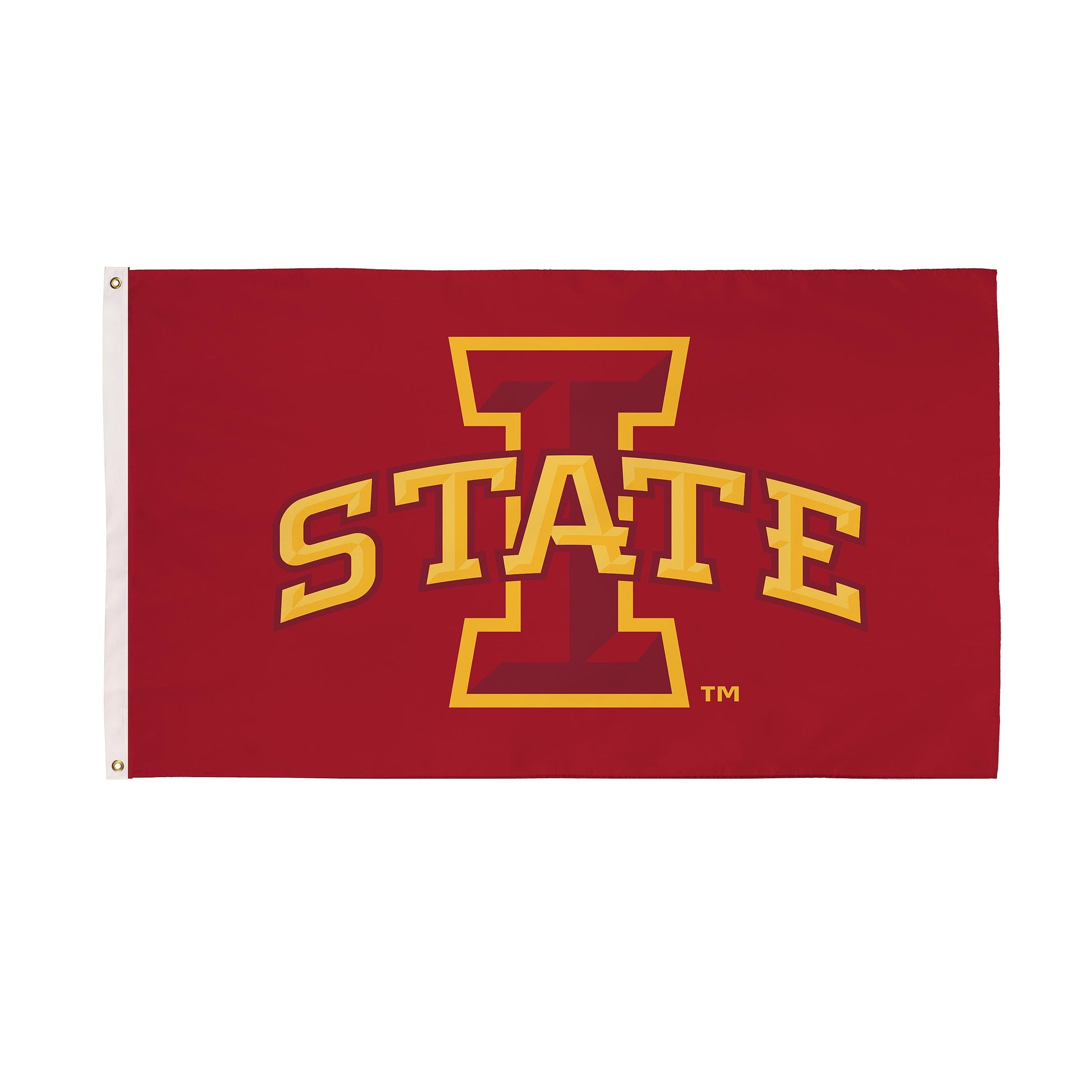 Iowa State University estate flag 3x5, red sublimated with yellow ISU logo, white hoist sleeve on Tampa Home & Garden Store