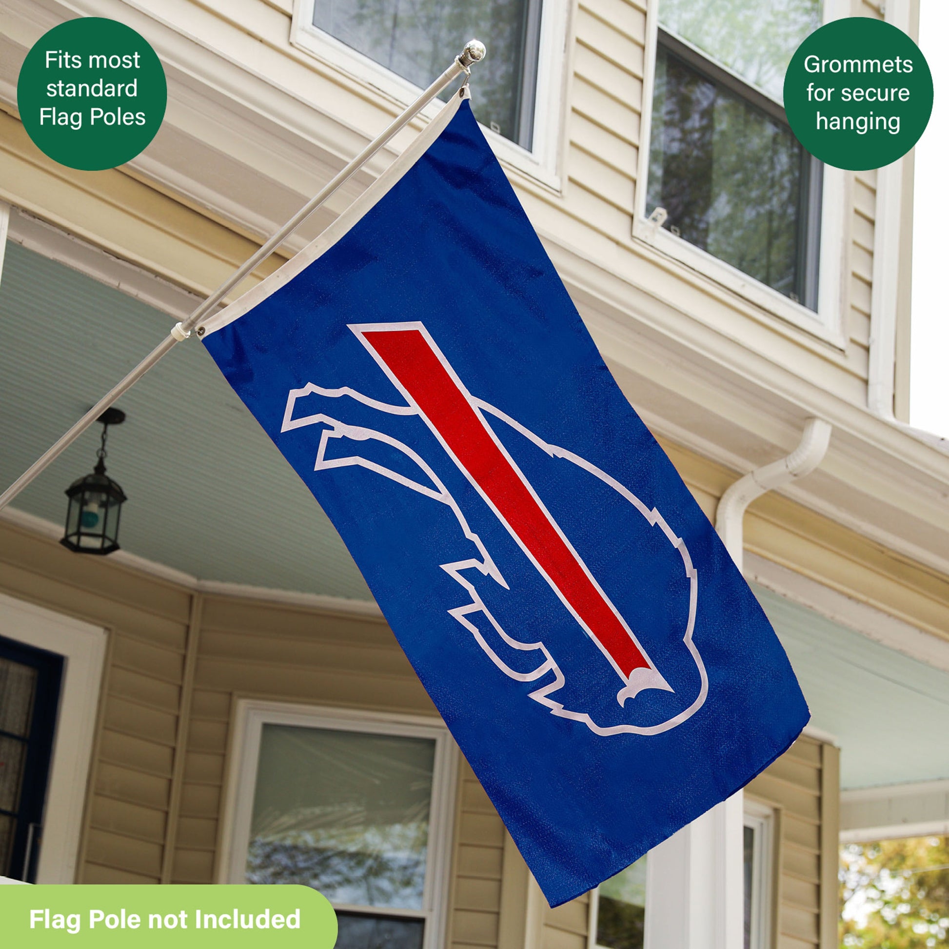 Buffalo Bills estate flag 3x5 ft, single-sided sublimated flag with 2 grommets on a metal pole on Tampa Home & Garden Store
