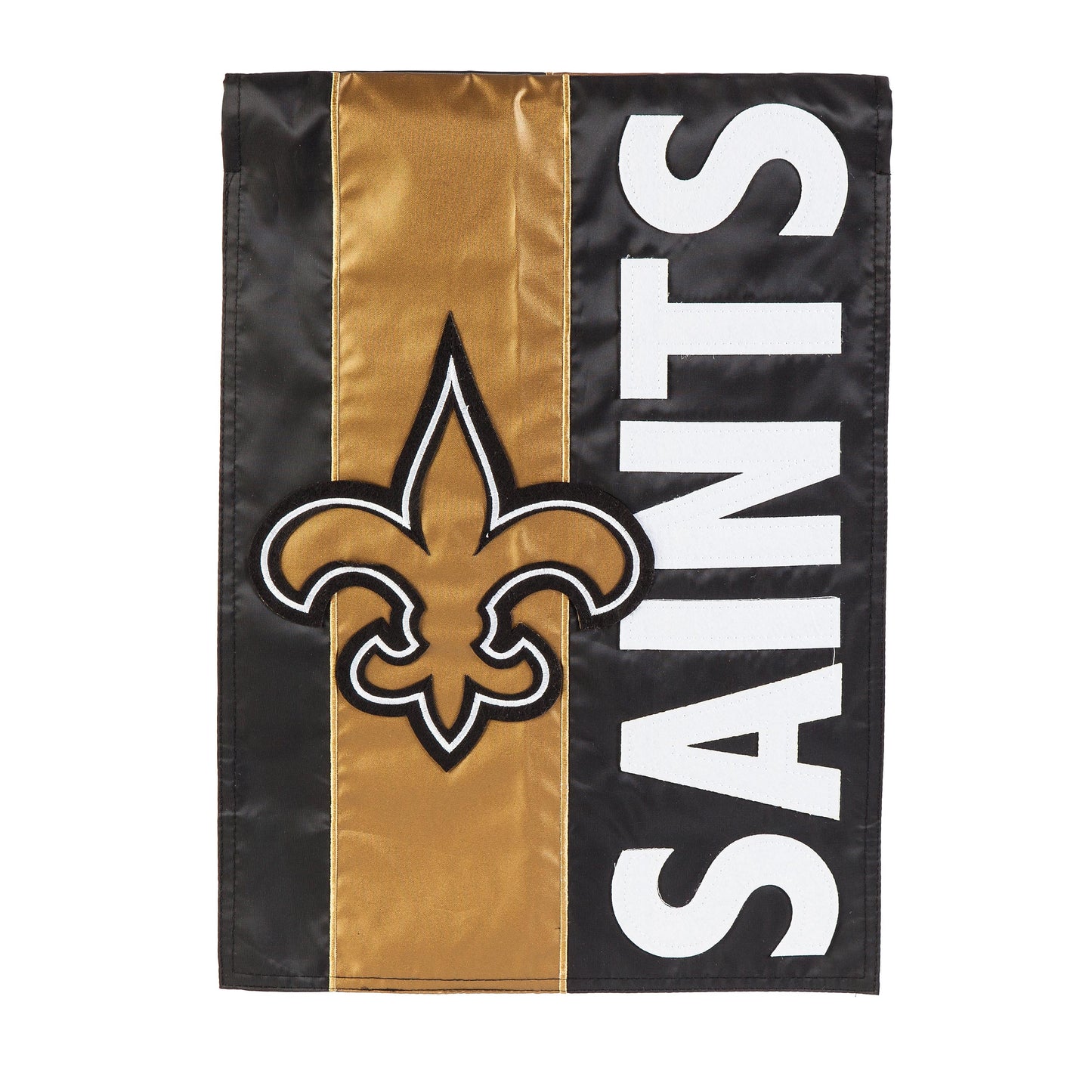 Double-Sided Saints applique flag, NFL team pride on black with gold fleur-de-lis on Tampa Home & Garden Store
