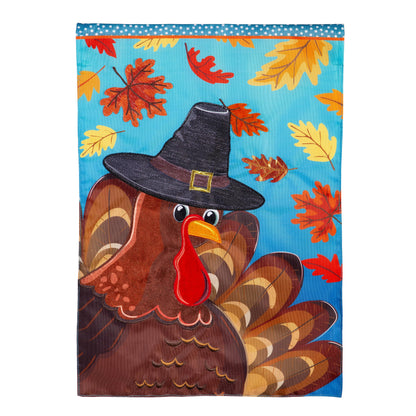 Turkey Time Applique House Flag blue background with autumn leaves and turkey in a hat on Tampa Home & Garden Store