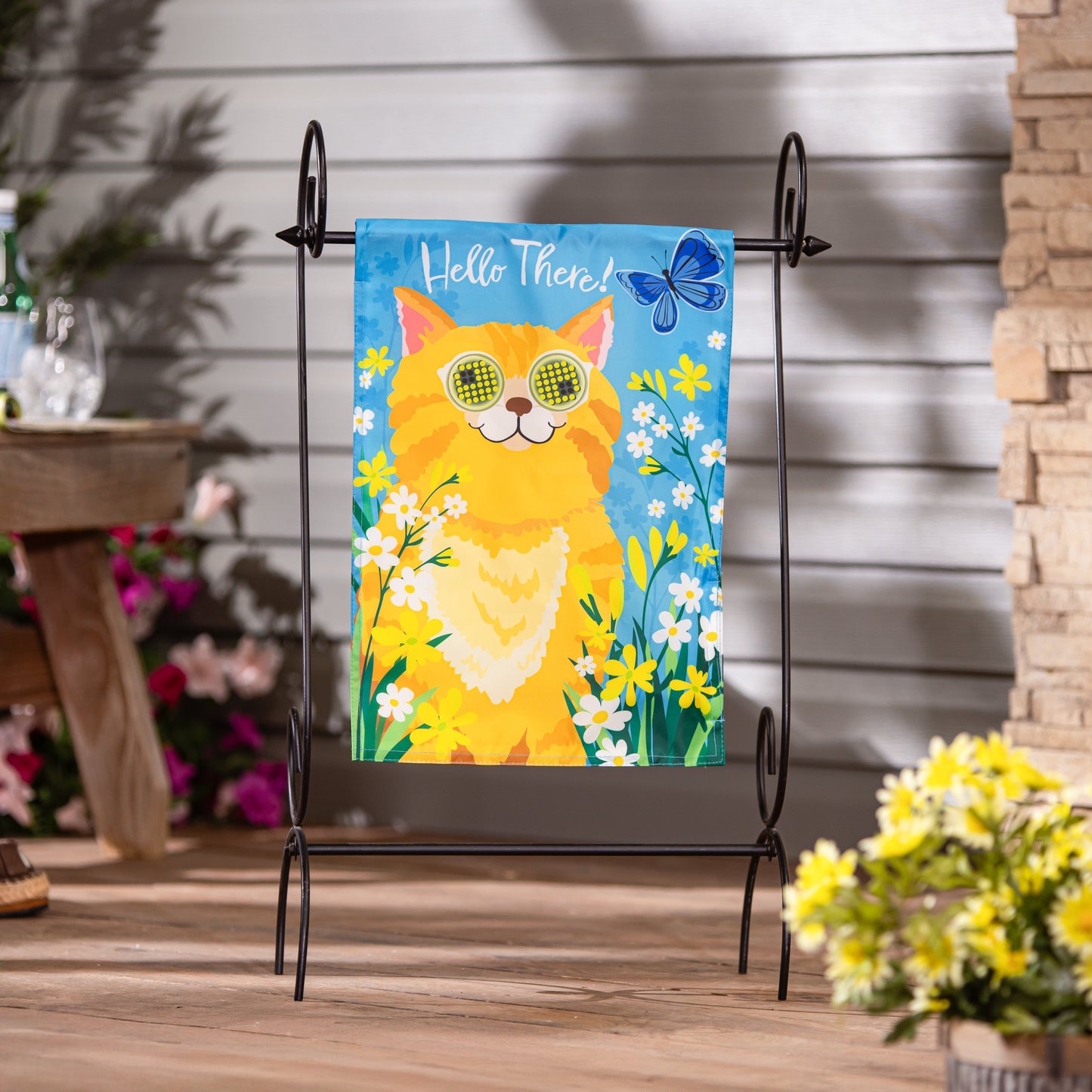 Hello Cat Applique Lighted Garden Flag blue with yellow flowers Evergreen Enterprises on Tampa Home & Garden Store