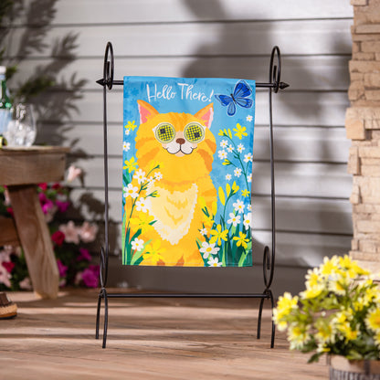 Hello Cat Applique Lighted Garden Flag blue with yellow flowers Evergreen Enterprises on Tampa Home & Garden Store