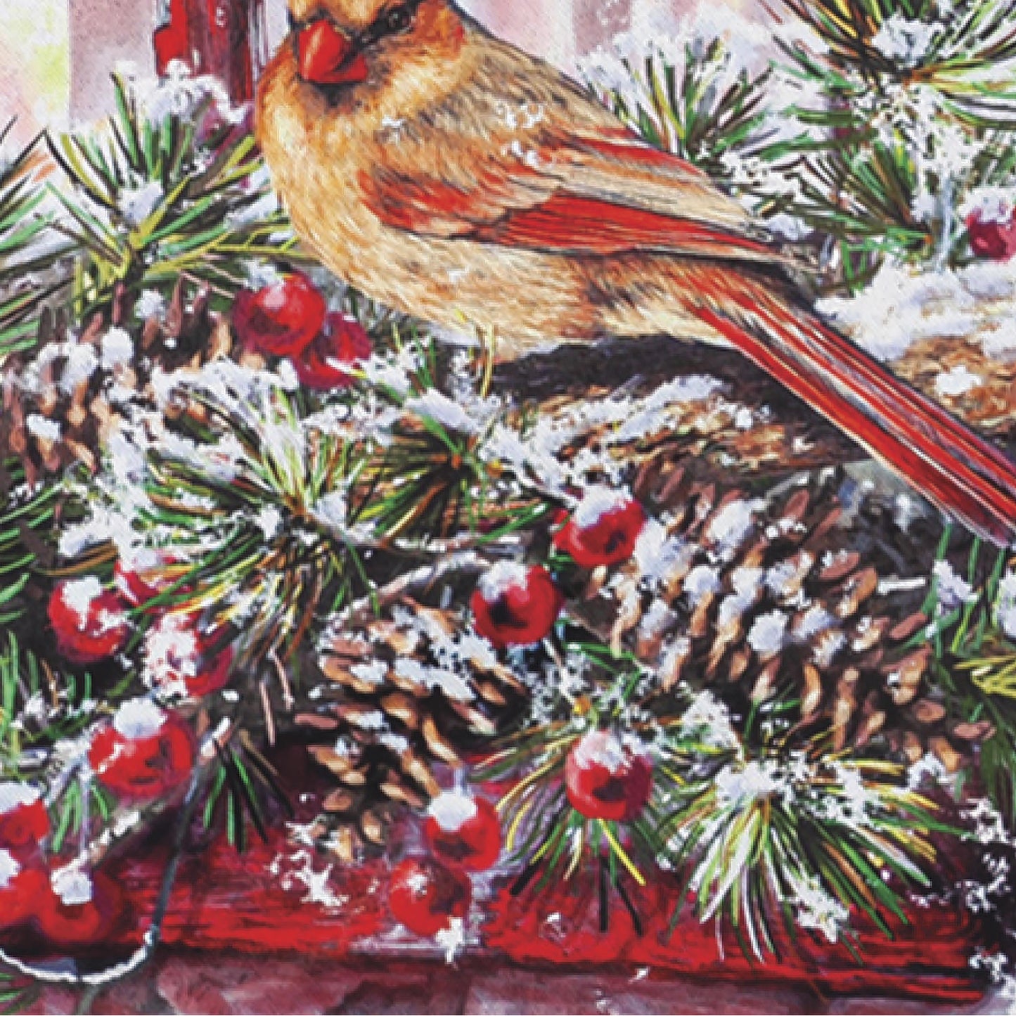 Cardinals in the Window Garden suede flag featuring red cardinal amid pine needles and berries on Tampa Home & Garden Store