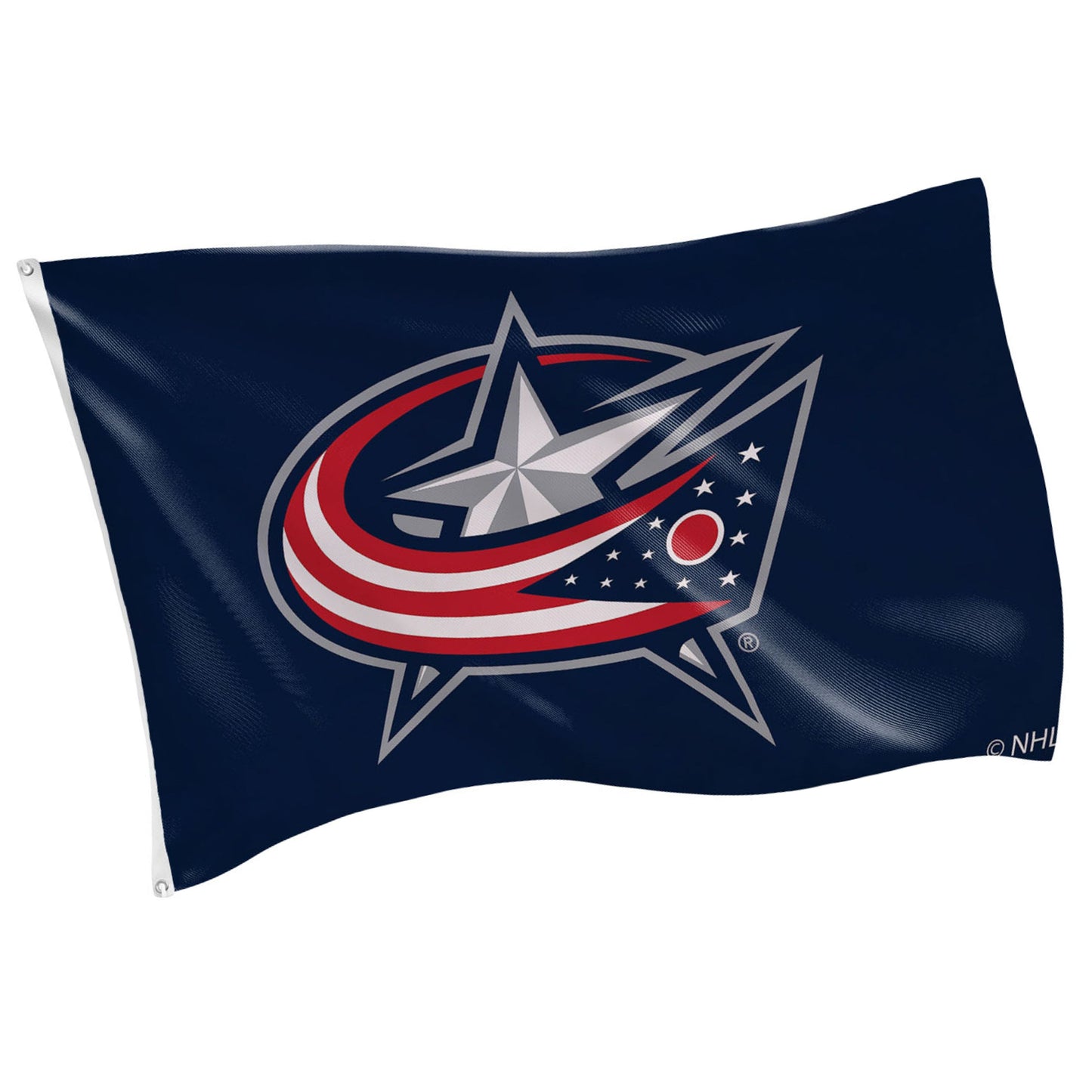 Columbus Blue Jackets 3x5 sublimated flag, single-sided, 2 grommets in navy with team emblem on Tampa Home & Garden Store