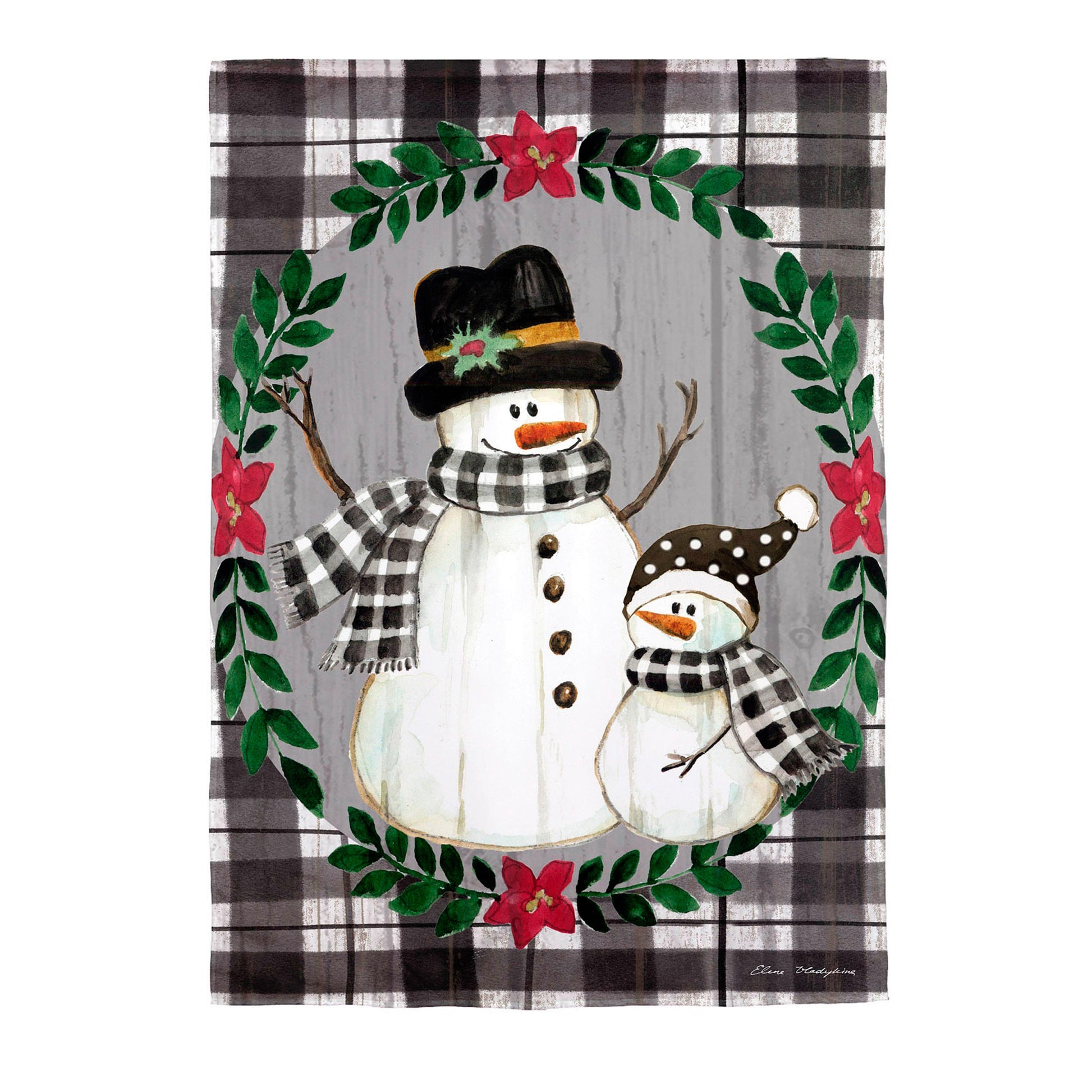 Country Snowmen Moire House Flag by Evergreen Enterprises, snowman design on plaid background on Tampa Home & Garden Store