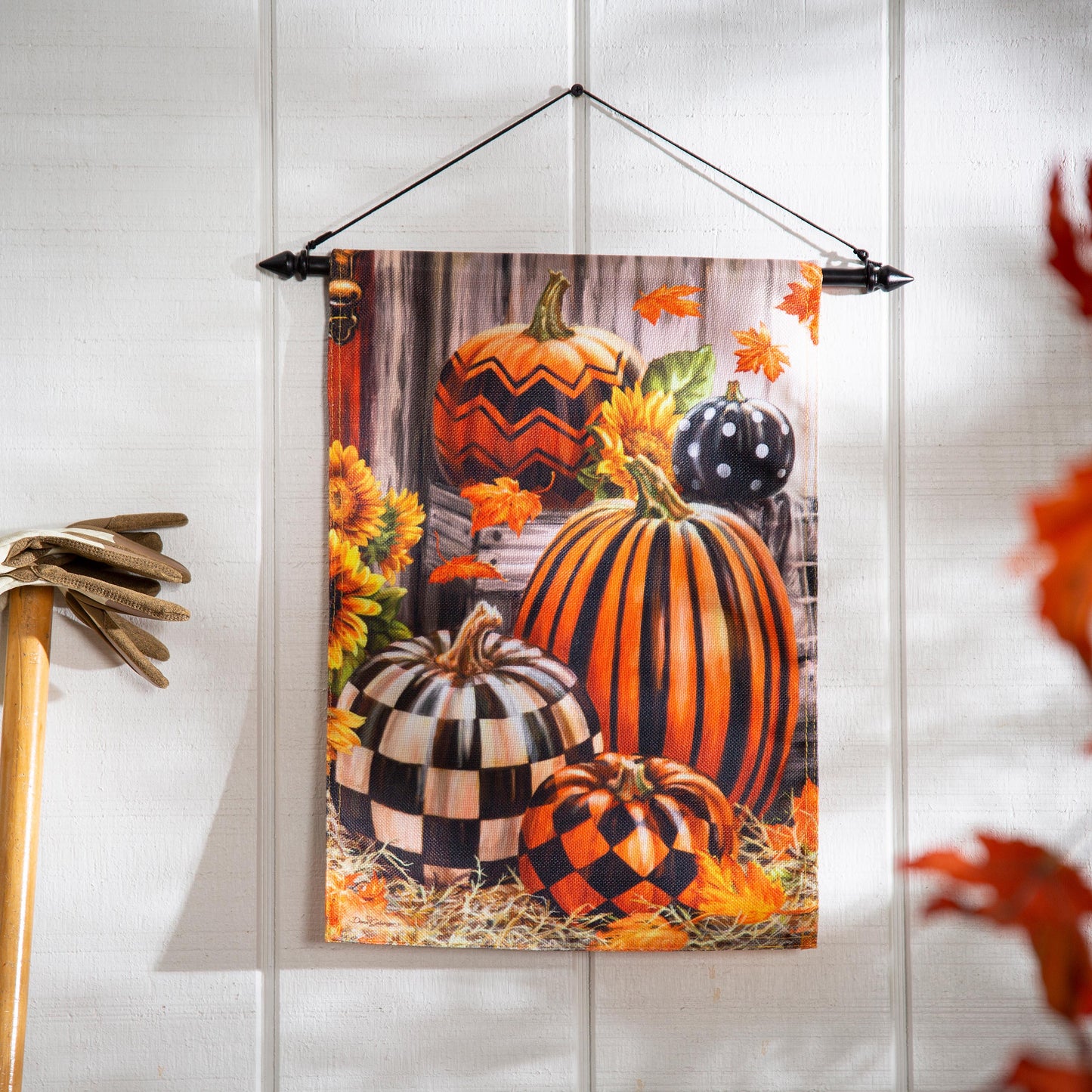 Fall Harvest Pumpkins Burlap Garden Flag with orange pumpkins and sunflowers on textured burlap on Tampa Home & Garden Store