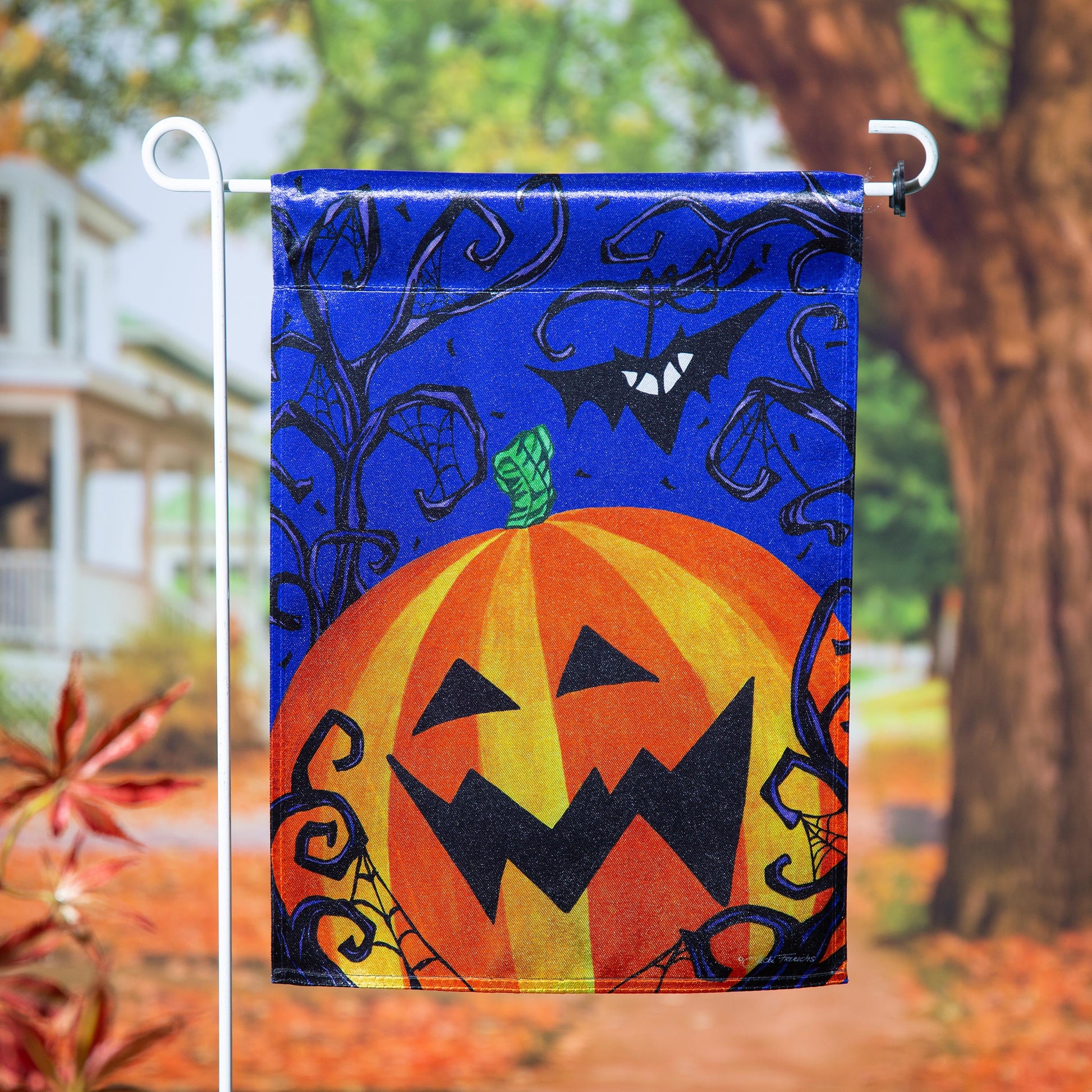 Halloween Jack O' Lantern Pumpkin Lustre Garden Flag blue background with pumpkin motif on Tampa Home & Garden Store