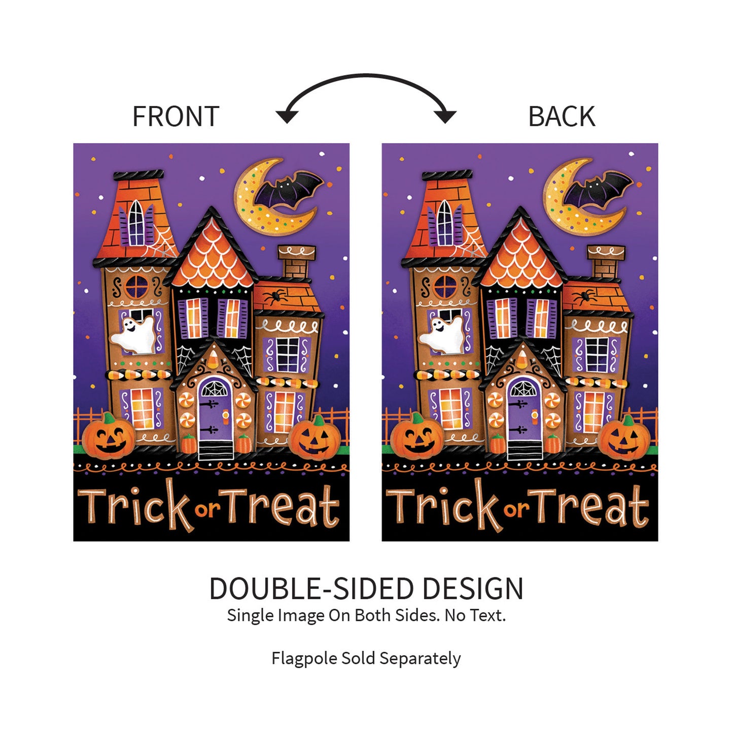 Trick or Sweets Lustre Flag purple Halloween decor pumpkins Evergreen Enterprises 2x panels on Tampa Home & Garden Store
