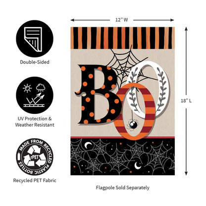 Polka Dots & Stripes Boo suede garden flag with orange stripes and black polka dots by Evergreen Enterprises, Flags on Tampa Home & Garden Store