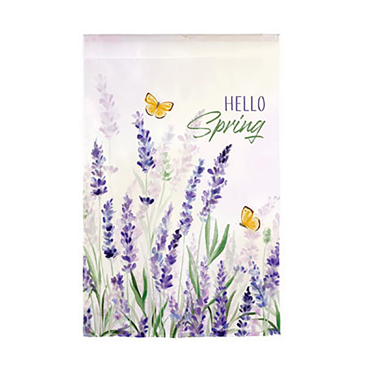 Hello Spring Lavender Burlap House Flag with lavender sprigs and butterflies on Tampa Home & Garden Store