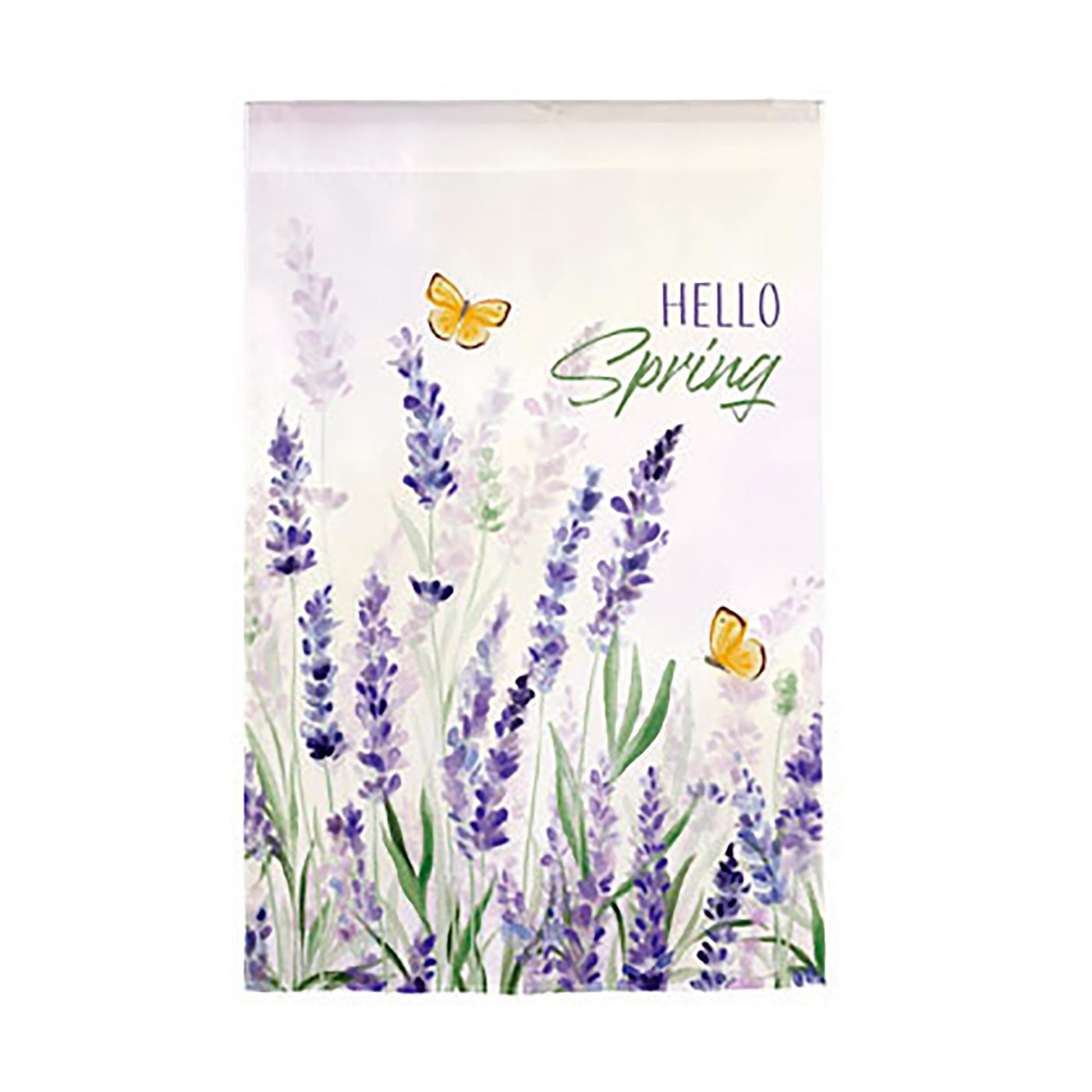 Hello Spring Lavender Burlap House Flag with lavender sprigs and butterflies on Tampa Home & Garden Store