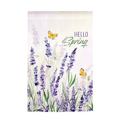 Hello Spring Lavender Burlap House Flag with lavender sprigs and butterflies on Tampa Home & Garden Store