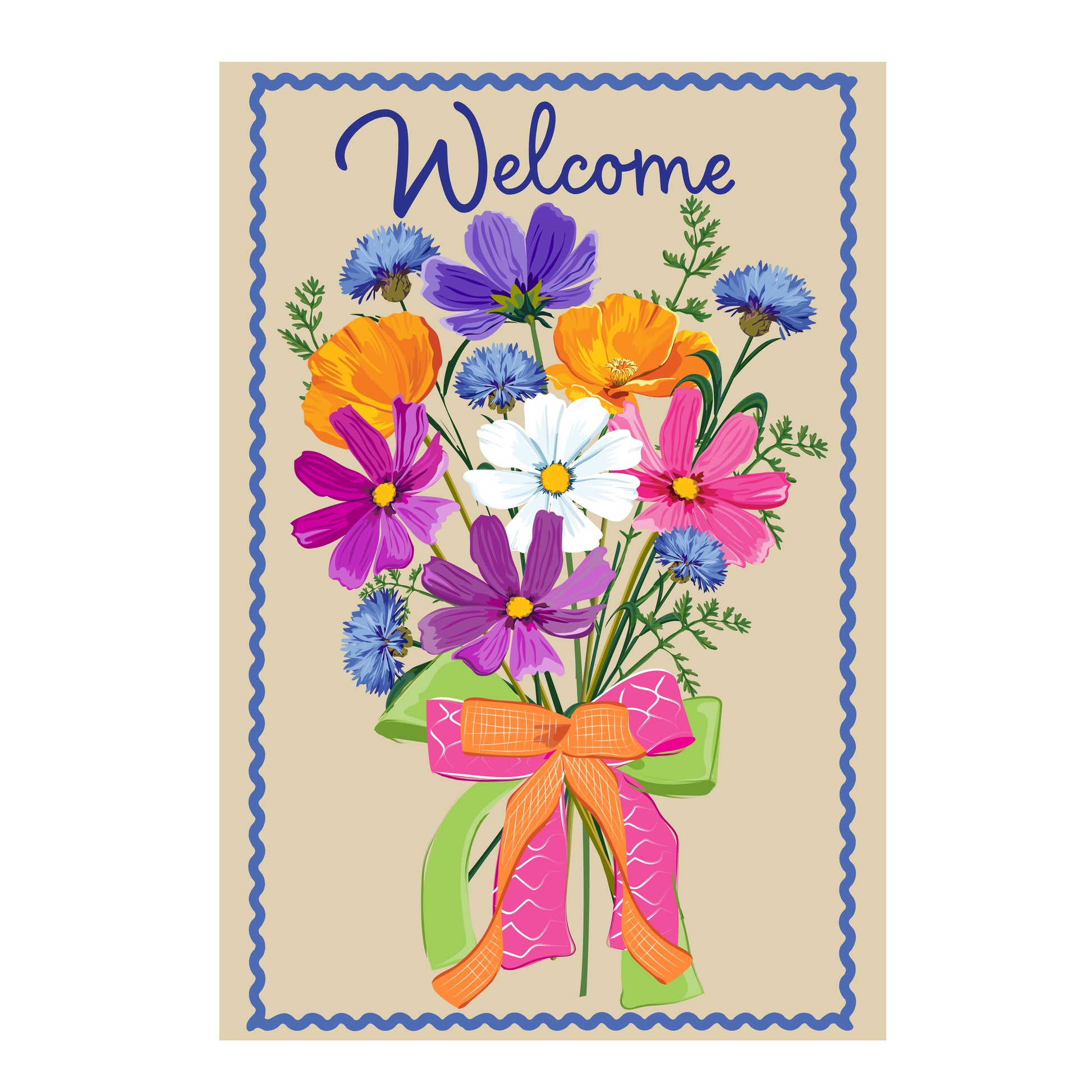 Wildflower bouquet applique garden flag beige background blue border bow on Tampa Home & Garden Store